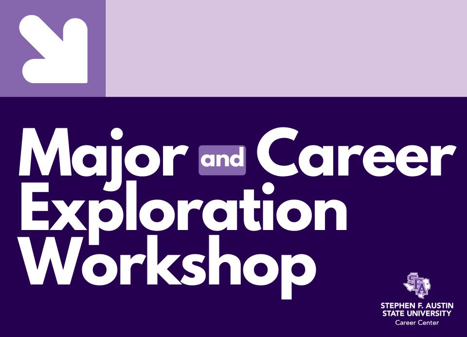 dark purple background with white letters saying Major & Career Exploration Workshop