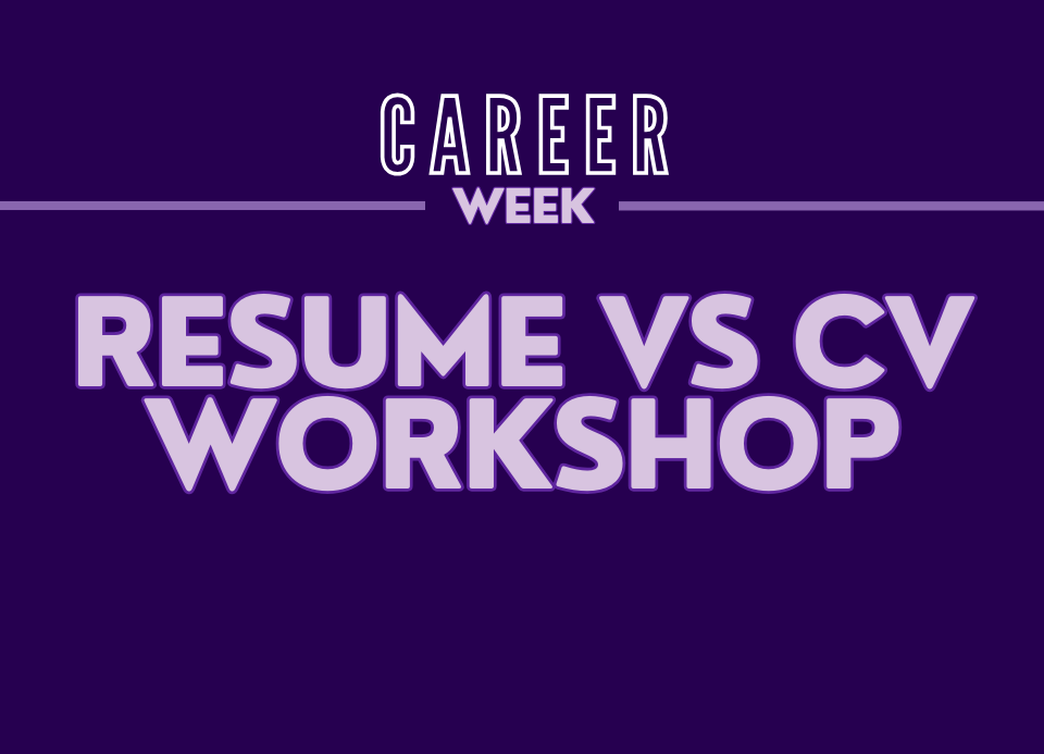 purple background with the words "resume vs CV workshop"