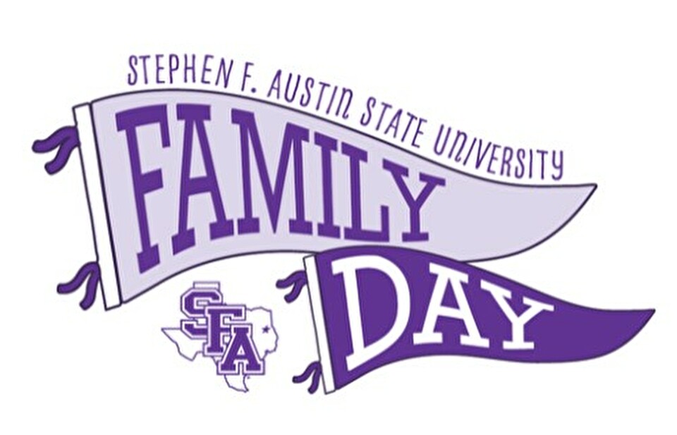 Illustration promoting Stephen F. Austin State University's Family Day, featuring two waving banners