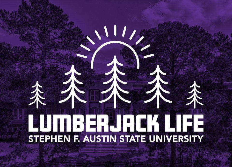 Graphic with a purple-tinted background showing tall pine trees and a campus building