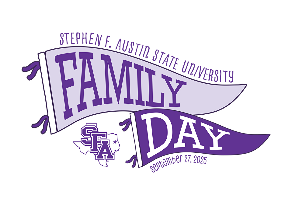 Illustration promoting Stephen F. Austin State University's Family Day, featuring two waving banners
