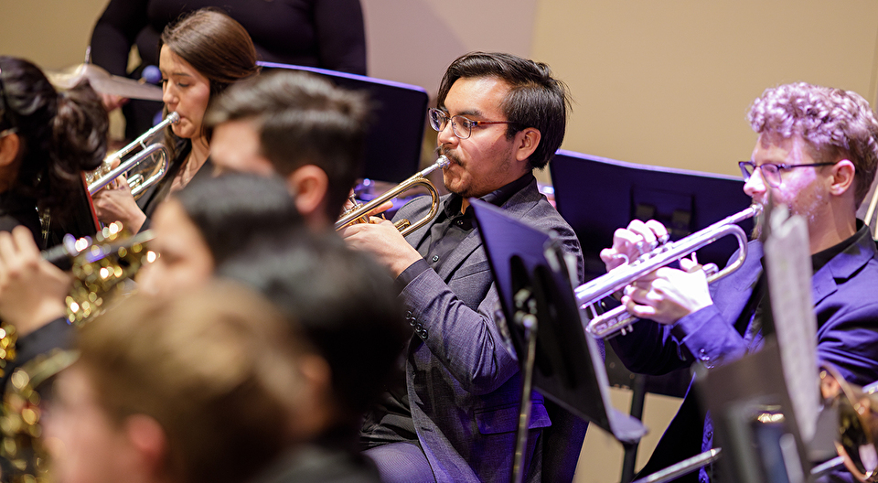 A row of trumpeters performing in a wind band on stage