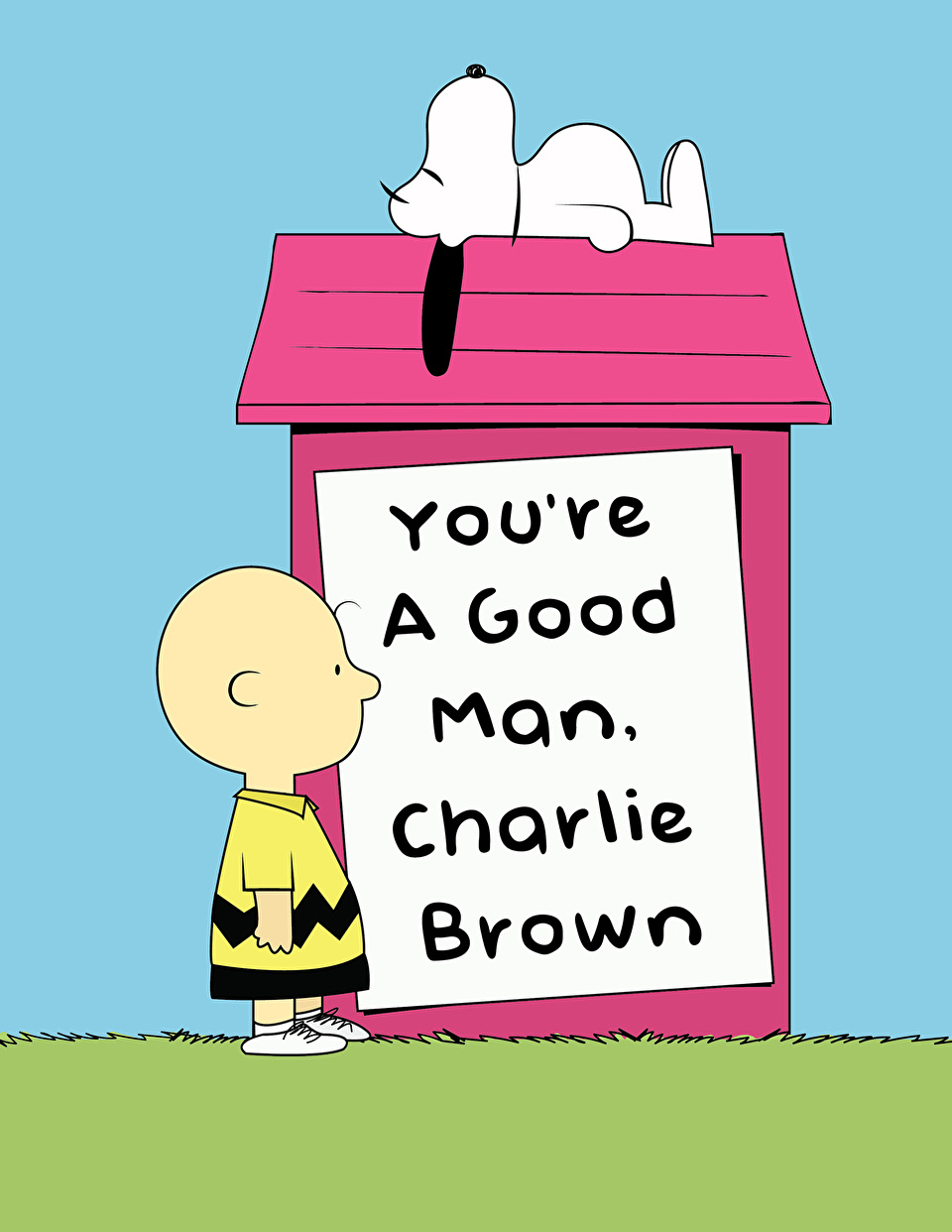 Cartoon character Charlie Brown walks past Snoopy Beagle dog lying on top of a pink dog house.