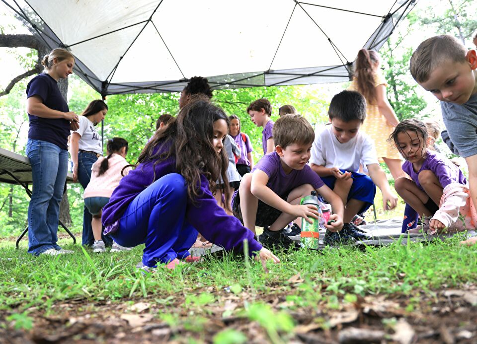 Students looking for resources on the ground.