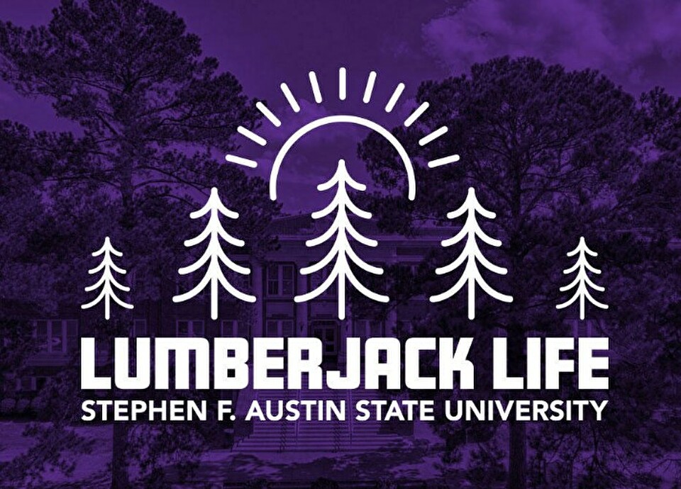 Graphic with a purple-tinted background showing tall pine trees and a campus building, overlaid with