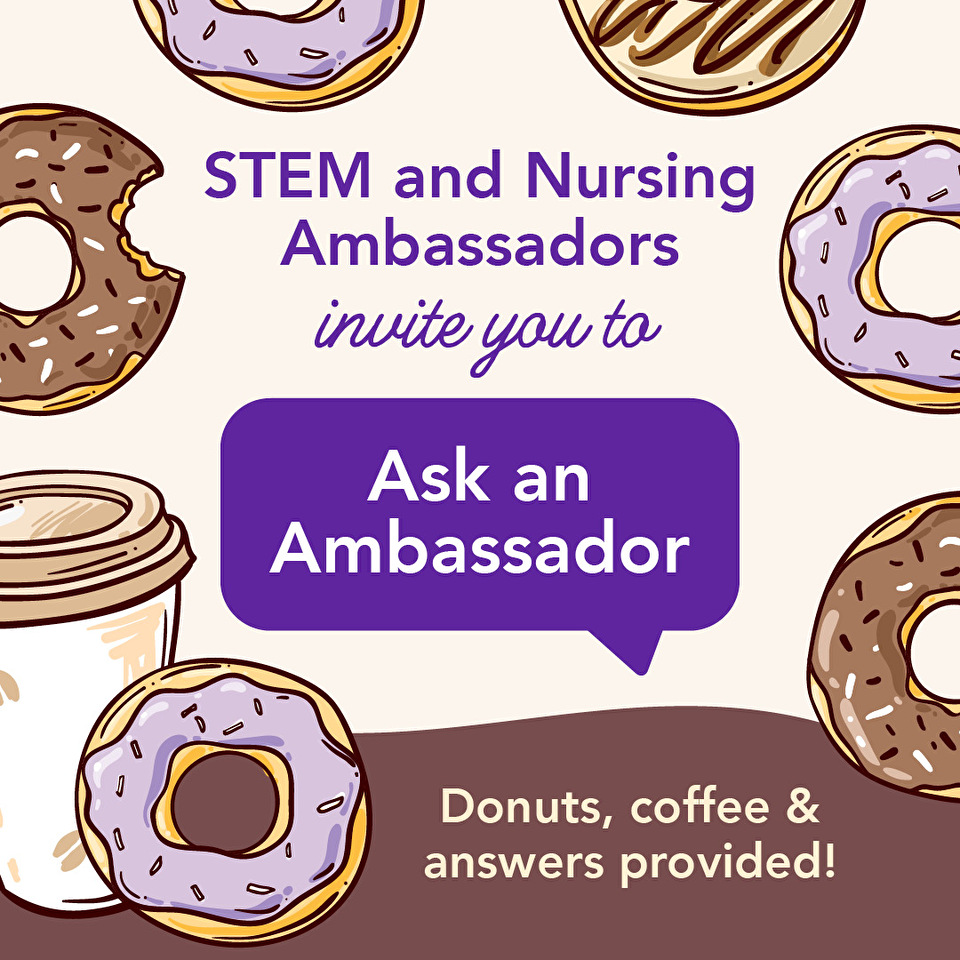 Ask an Ambassador graphic with illustrated coffee and donuts