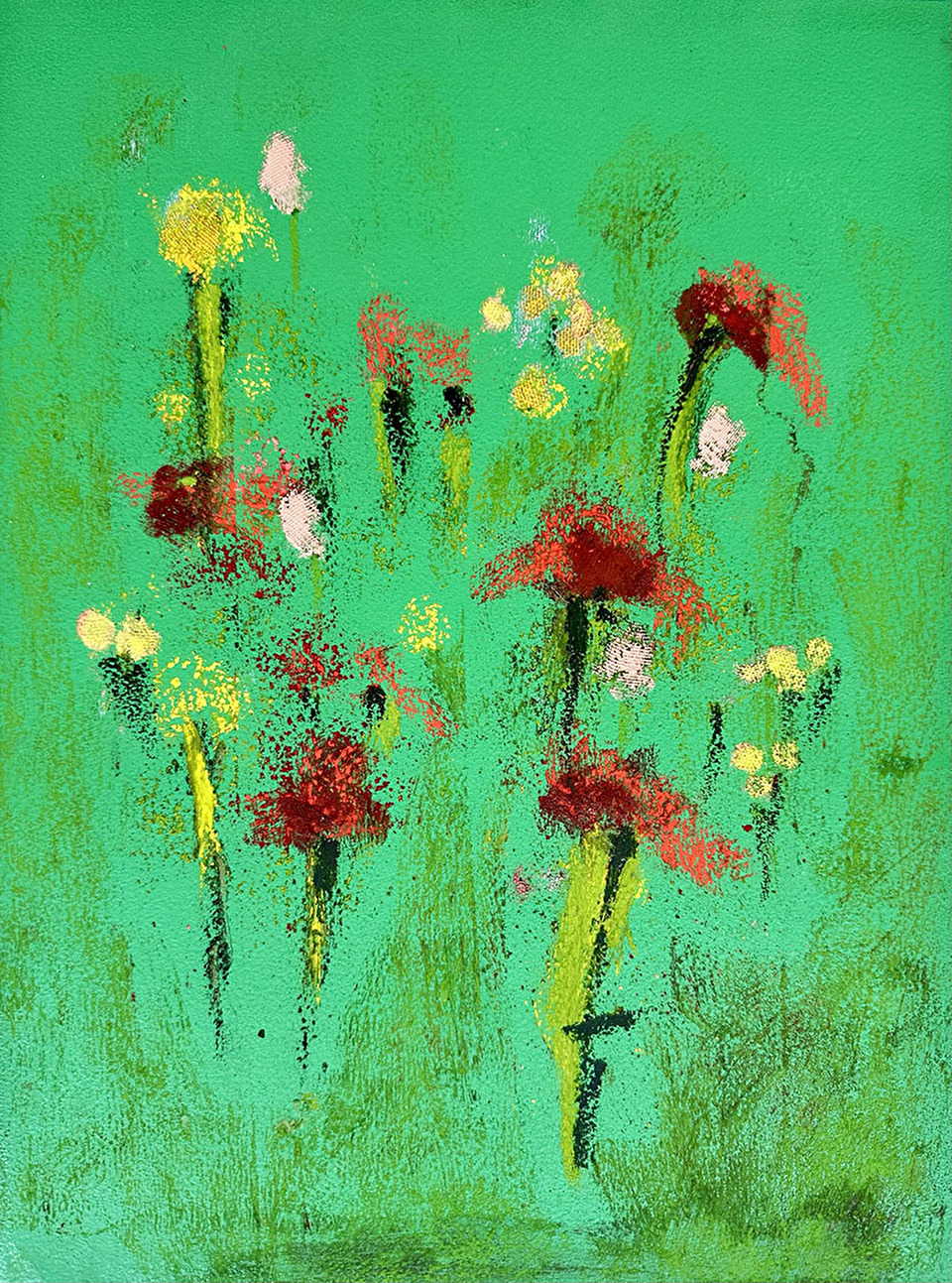 Creel Cherry’s artwork “Adjacent Possible,” bright green background with pastel accents