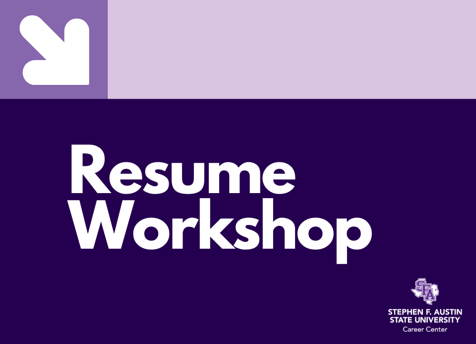 purple background with white letters saying Resume Workshop