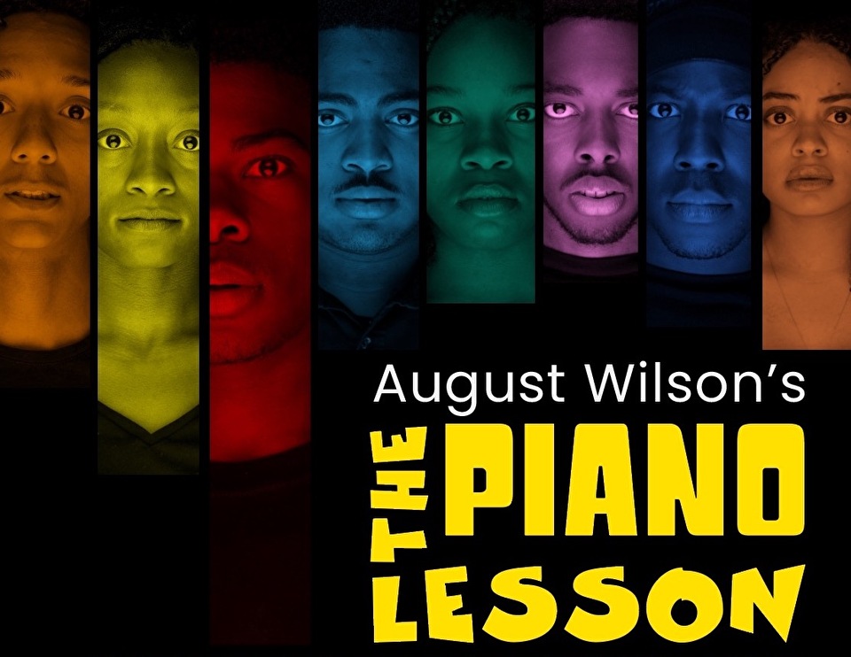 Multi-colored headshot of each character portrayed by student actors lined up like piano keys