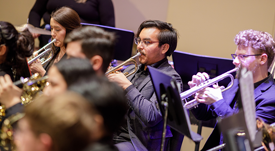 Wind band musicians performing on stage